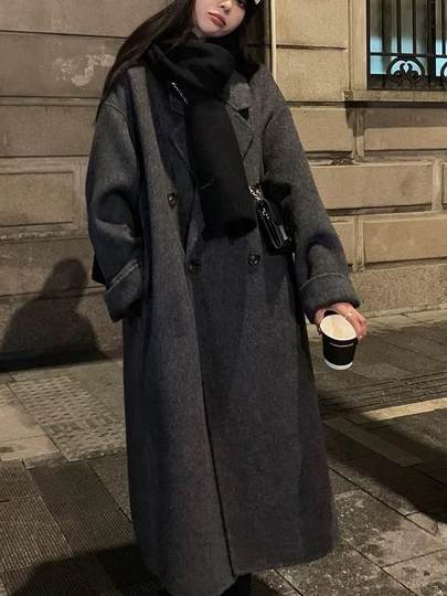 黑灰色双面羊绒大衣女2025秋冬新款中长款高级感羊毛呢子韩系外套