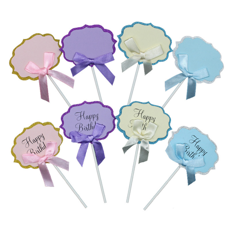 Pink blue blank insert card writing blessing card bowknot plug-in happy birthday theme cake decoration