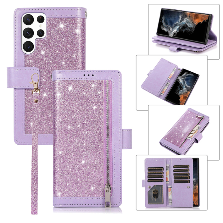 Shiny Glitter Bling Girls Wallets Folio Flip Magnetic Synthetic Leather Card Holder Folding Stand S23, S23 Plus, S23 Ultra