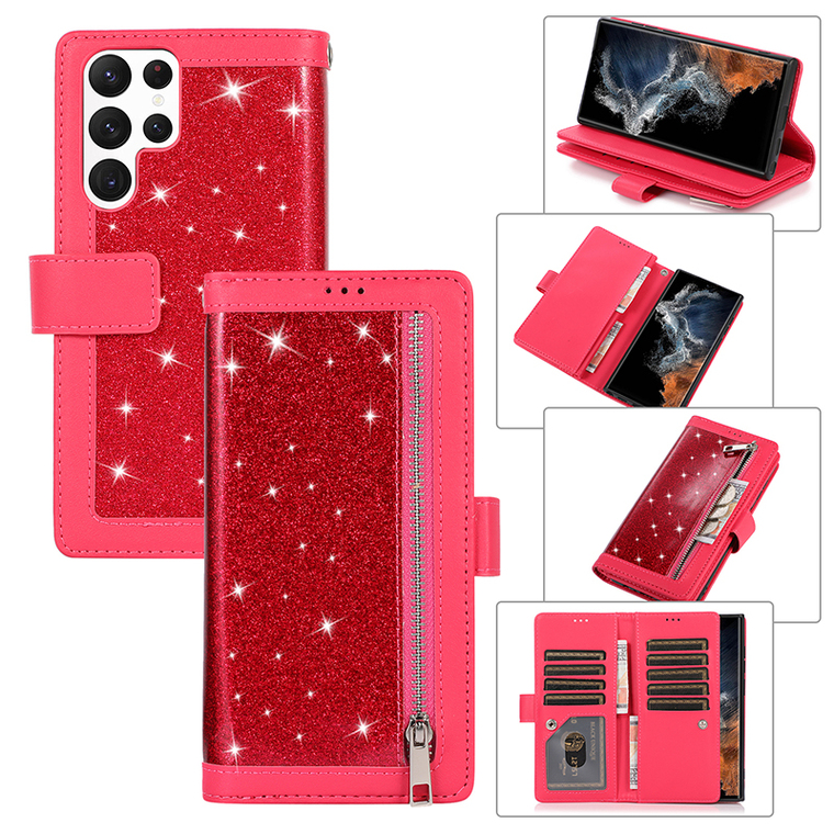 Shiny Glitter Bling Girls Wallets Folio Flip Magnetic Synthetic Leather Card Holder Folding Stand S23, S23 Plus, S23 Ultra
