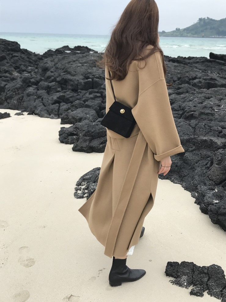 Hàn Quốc chic gió dài lỏng hai mặt áo 18 năm mùa thu và mùa đông mới bên mở áo khoác cashmere làm bằng tay phụ nữ áo khoác jean nữ