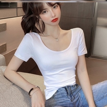 White t-shirt woman u collar short sleeve summer 2022 new 100 lap low collar pure cotton bottom shirt with large neckline and half sleeve damp