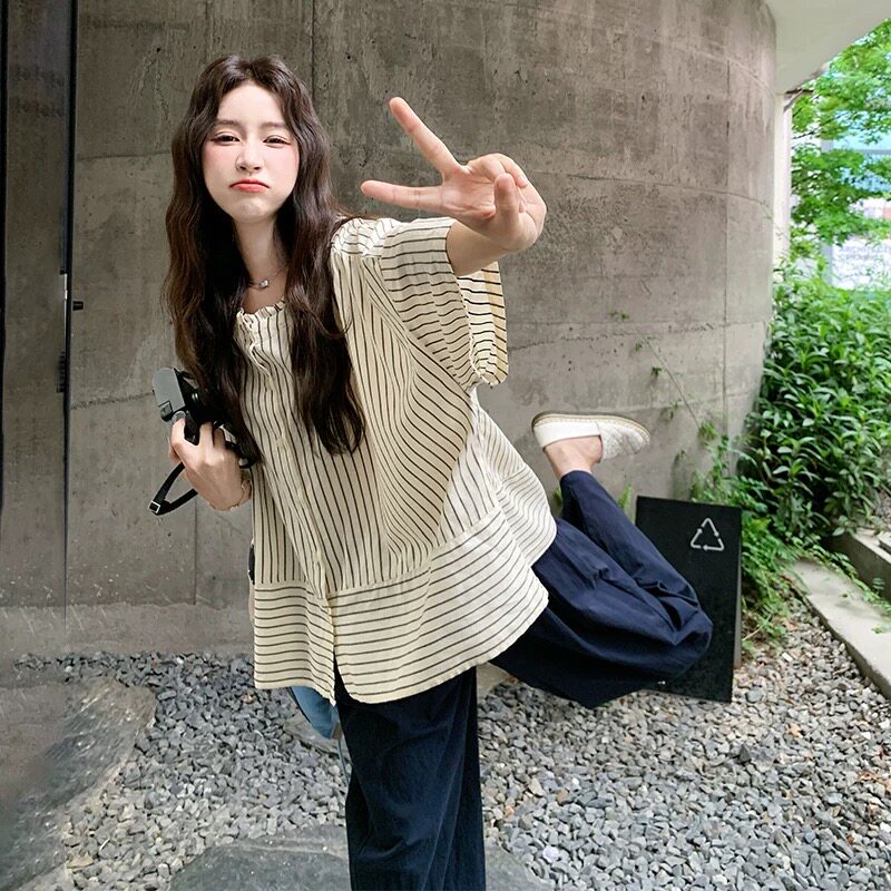 Next Alice Maternity Suit 2026 New Summer Striped Shirt Top Women's Loose Wide-Leg Pants Two-Piece Set Next Alice Maternity Suit 2026 New Summer Striped Shirt Top Women's Loose Wide-Leg Pants Two-Piece Set