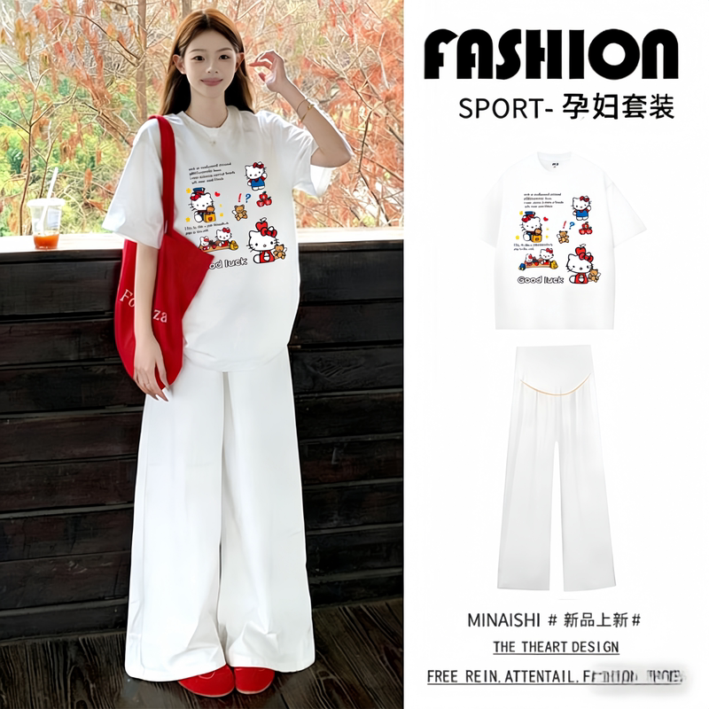 Next Alice Maternity Set 2026 Summer New Style Cartoon Pure Cotton T-Shirt Short-Sleeved Wide-Leg Pants Two-Piece Set