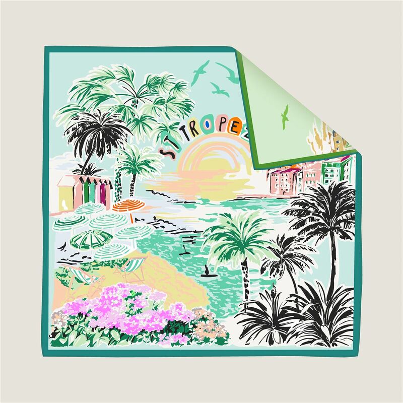 Double-Sided Cartoon Beach 90*90 Twill Silk Square Scarf