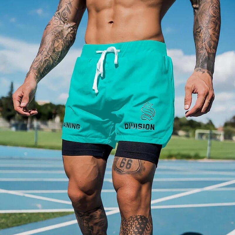 Lined Anti-Embarrassment Sports Running Shorts for Men, Fitness Training Cycling Quick-Drying Quarter Pants, Fake Two-Piece Basketball Shorts