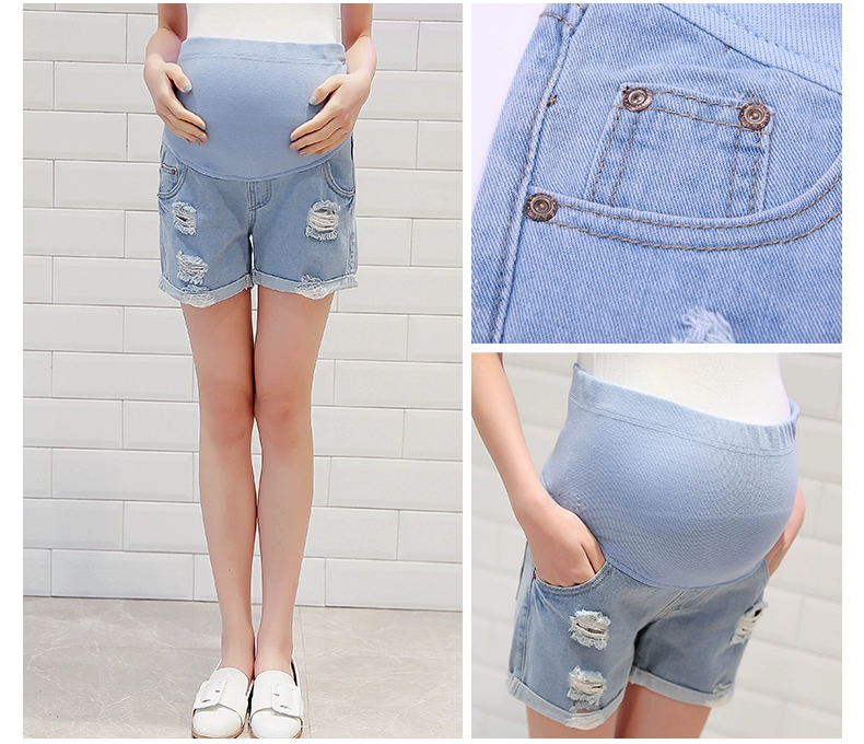 Phụ nữ mang thai quần short denim nữ mùa hè mặc phụ nữ mang thai quần mùa xuân và mùa hè đáy quần phần mỏng quần short giản dị