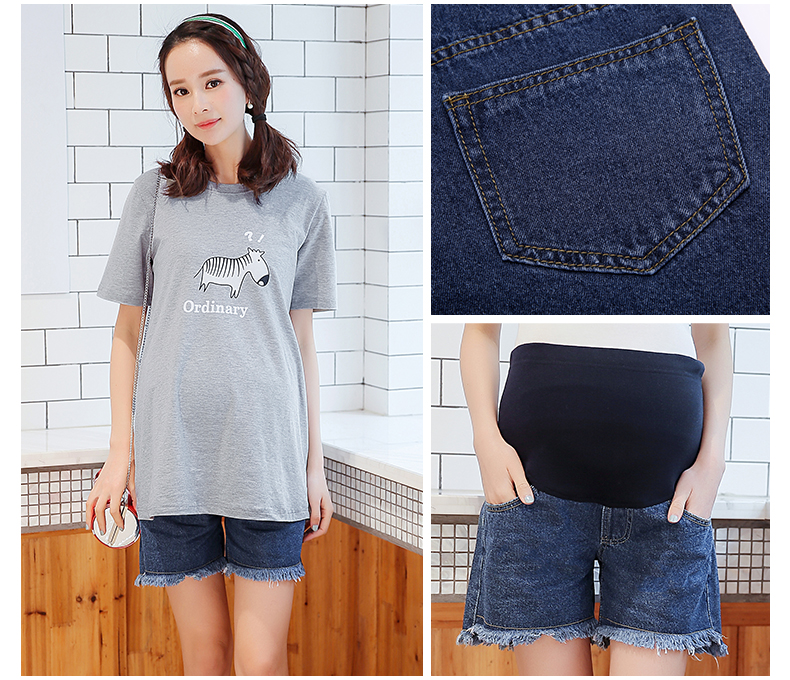 Phụ nữ mang thai quần short denim nữ mùa hè mặc phụ nữ mang thai quần mùa xuân và mùa hè đáy quần phần mỏng quần short giản dị