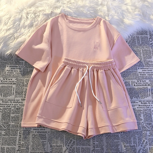 Летний комфортный спортивный костюм для отдыха, комплект, свободный крой, с вышивкой, по фигуре