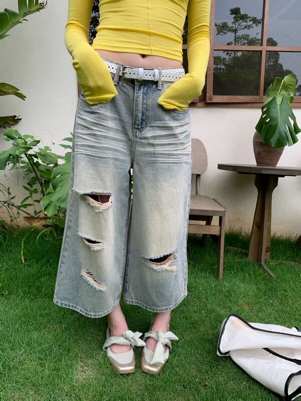 Dmw Authentic Thirteen Lines 2026 Summer New Korean Style High Waist Slimming Ripped Wide Leg Cropped Jeans for Women Trendy Dmw Authentic Thirteen Lines 2026 Summer New Korean Style High Waist Slimming Ripped Wide Leg Cropped Jeans for Women Trendy