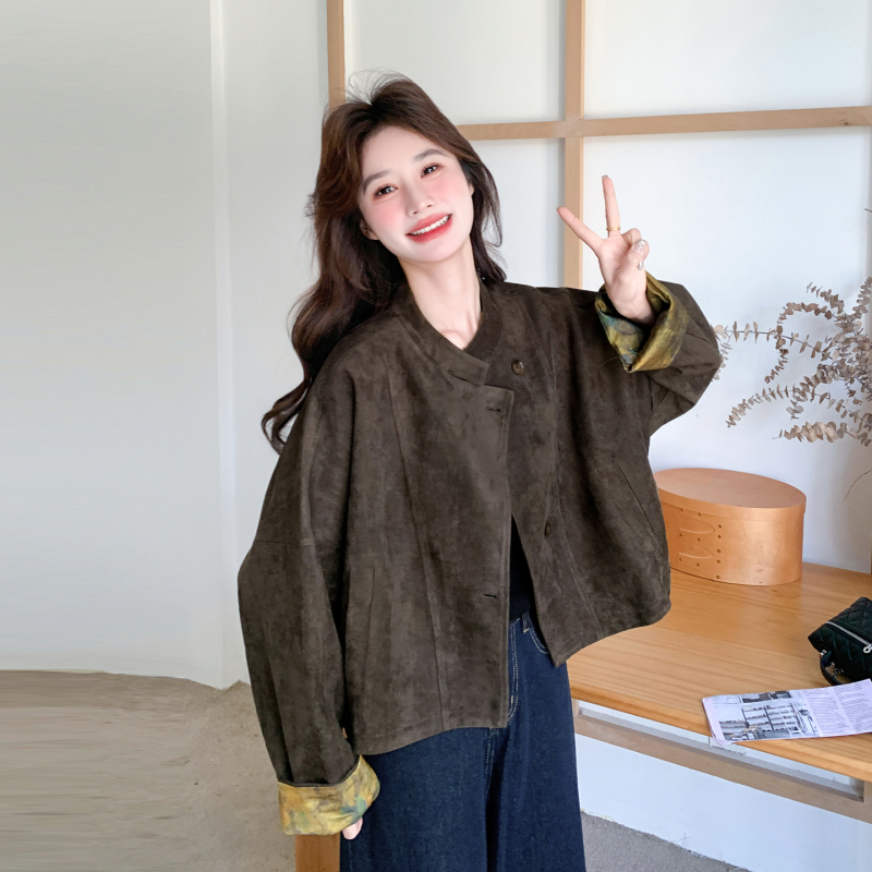Coffee-Colored Retro Contrasting Suede Jacket for Women 2026 Spring New Style Elegant and High-End Loose-Fitting Versatile Short Jacket