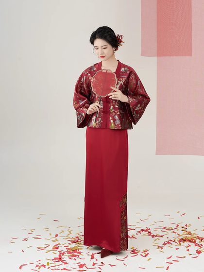 喜至庆来织造司原创新中式改良妆花方领对襟衫直筒半身裙订婚礼服