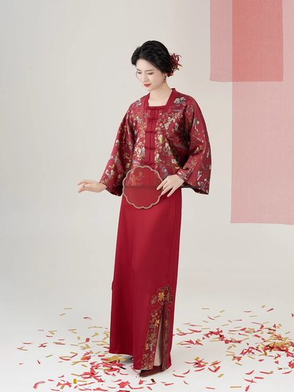 喜至庆来织造司原创新中式改良妆花方领对襟衫直筒半身裙订婚礼服