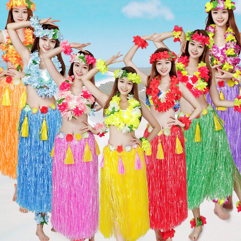 Hawaiian Hula Dance Adult Men's and Women's Set Hula Dance Costume Eight-Piece Set 80cm Double-Layer Thickened Performance Costume