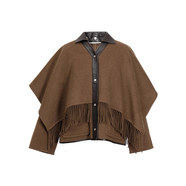 Velvet home coffee color double-sided cashmere top short style women's new design detachable leather collar tassel woolen jacket