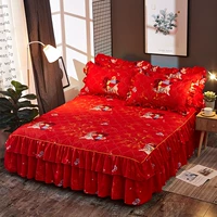 Váy cưới lớn màu đỏ dày bông vải trải giường đơn mảnh trải giường chà nhám bộ 1,5 1,8 m 2m bốn mảnh ga giường có viền