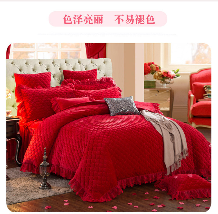 Cao cấp đám cưới lớn màu đỏ pha lê nhung dày ấm 1,5m giường ngủ trải giường 1,8 mét bộ ba hoặc bốn bộ - Trang bị tấm ga bọc giường spa