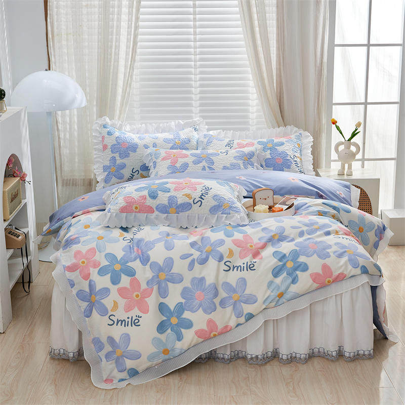 New cotton thickened bed skirt four-piece set pure cotton bed cover quilted bed cover non-slip bed sheet Korean princess set - Taobao