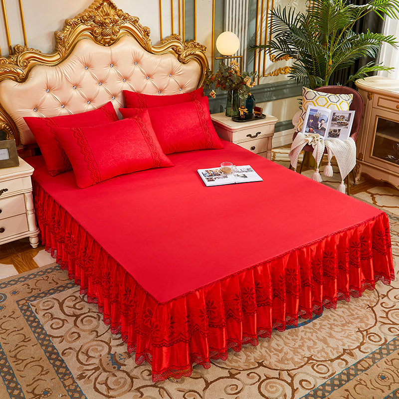 Marriage celebration big red lace bed dress three pieces of household double bed sleeping Summer bed set 1 8m 2