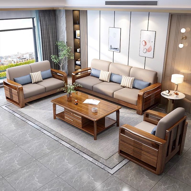 Modern Chinese style black gold wood solid wood sofa light luxury simple three-person combination U-shaped log chaise lounge sofa