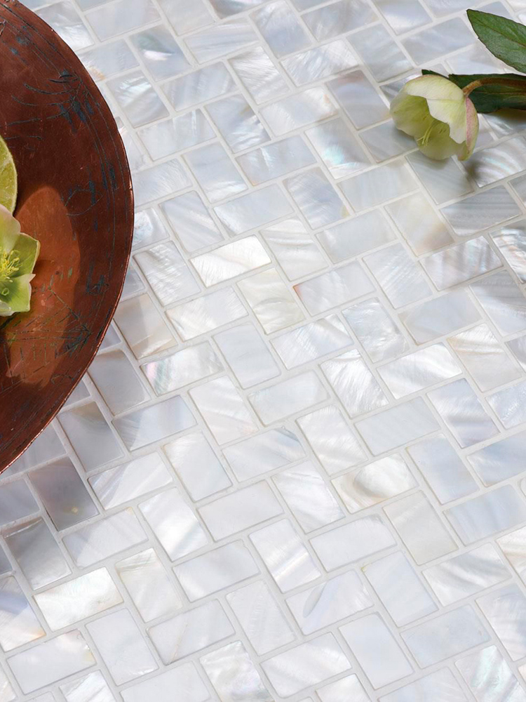 Nordic style natural ultra-white pearl shell mosaic Kitchen tile herringbone arrangement powder room background wall