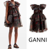 French substitute for GANNI 21 Spring and Summer V-collar rose printed loaded lobe-edged skirt cake skirt