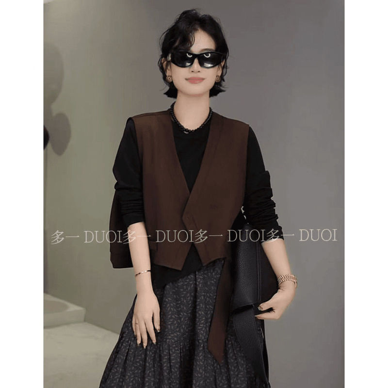 Korean Style Fashionable and Elegant Design with Irregular Ribbon Suit Vest for Women, Stylish and Trendy Outerwear Short Jacket Top