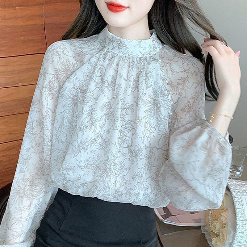 Floral Chiffon Shirt for Women, Long-Sleeved Autumn Wear, 2025 New Style, Loose Fit, Elegant Design, Stand-Up Collar, Beaded Top Floral Chiffon Shirt for Women, Long-Sleeved Autumn Wear, 2025 New Style, Loose Fit, Elegant Design, Stand-Up Collar, Beaded Top