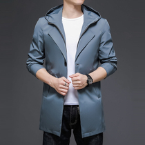 High-end hooded windbreaker male long British style thin spring and autumn coat men Korean trend slim handsome tide
