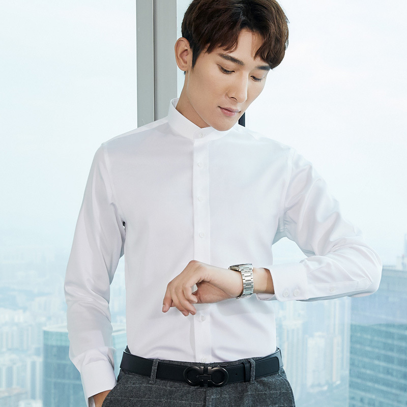 Chinese-Style Stand-Up Collar Shirt for Men, Long-Sleeved, White, Business, Non-Iron, Mercerized Cotton, Vertical Collar Style, Zhongshan Suit, Men's Round-Neck Shirt Chinese-Style Stand-Up Collar Shirt for Men, Long-Sleeved, White, Business, Non-Iron, Mercerized Cotton, Vertical Collar Style, Zhongshan Suit, Men's Round-Neck Shirt
