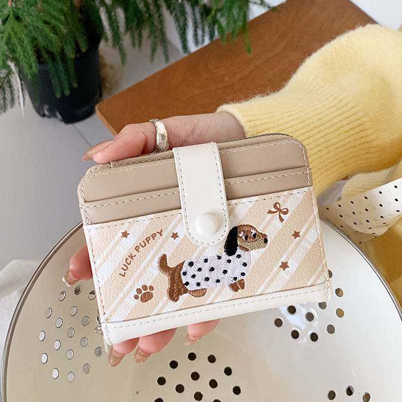 Authentic Birthday Gift Embroidered Puppy Coin Purse for Female Students, Cute, Lightweight, Compact, Integrated Wallet for Storing Id Cards