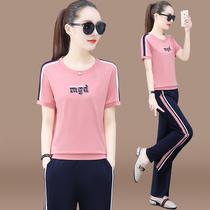 Sports set women summer 2021 new fashion slim temperament age wide leg pants round neck short sleeve casual two-piece set