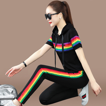 Summer sports set womens 2021 New hooded fashion stripe short sleeve age slimming size casual two-piece set