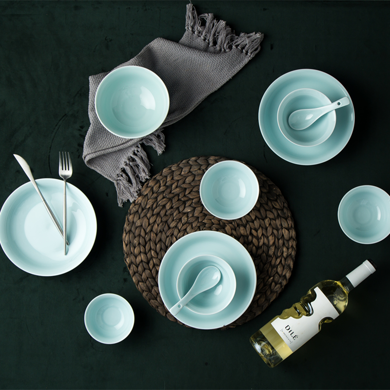 Jingdezhen upscale glaze color celadon household of Chinese style tableware ceramic dishes dishes kit combination set bowl of gifts