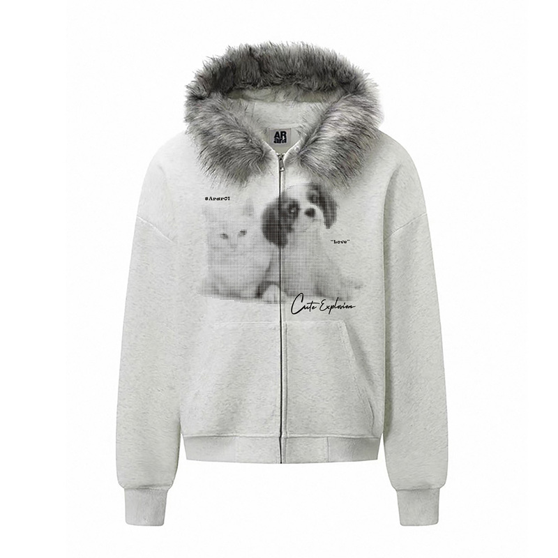 Arar01 Original "Polka Dot Cat and Dog" Fur Collar Zipper Sweatshirt with Heavy Print, National Trend Autumn Hooded Loose Fit for Men and Women Arar01 Original "Polka Dot Cat and Dog" Fur Collar Zipper Sweatshirt with Heavy Print, National Trend Autumn Hooded Loose Fit for Men and Women