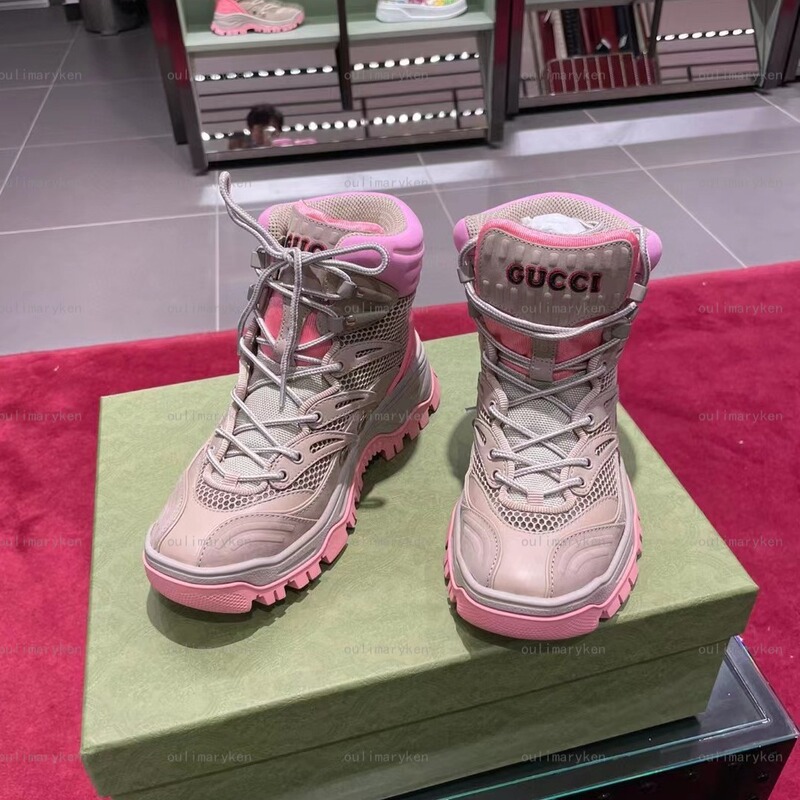 Italian Outlet Gucci Women's High-Top Hiking Sneakers with Mesh Panels in Khaki and Pink, Size 36
