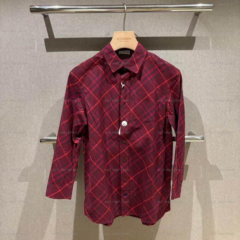 Italian Outlet Burberry Girls' Collared Long-Sleeve Shirt, Burgundy Plaid, 6-8 Years Old