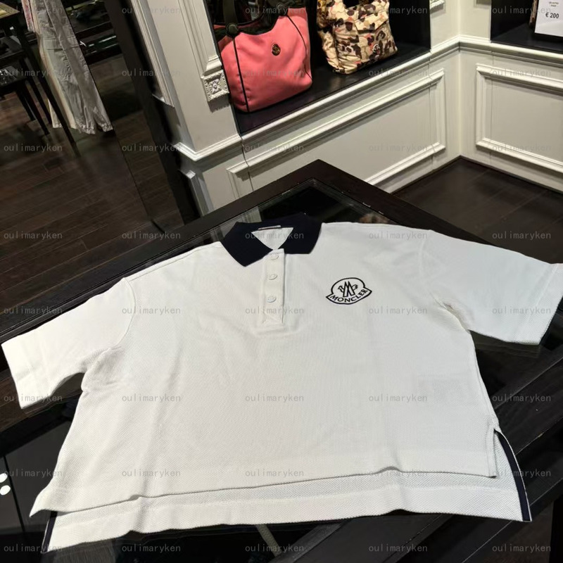 Italian Outlet Moncler Women's Classic Logo Loose Fit Polo Shirt Short-Sleeve T-Shirt White Size m