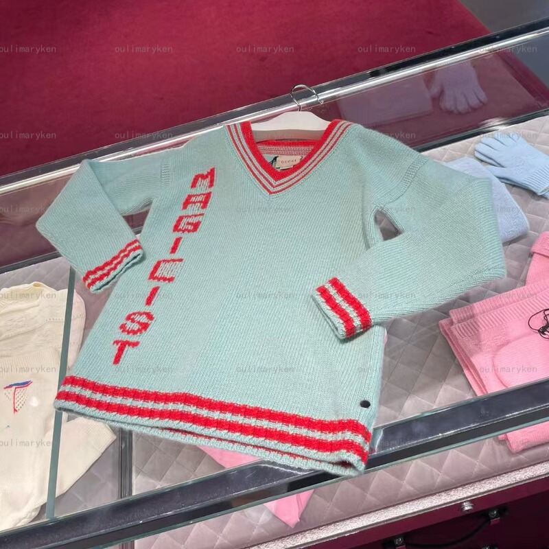 Italian Outlet Gucci Boys' V-Neck 100% Wool Knit Sweater with Large Logo, Light Green, 12A Years Old