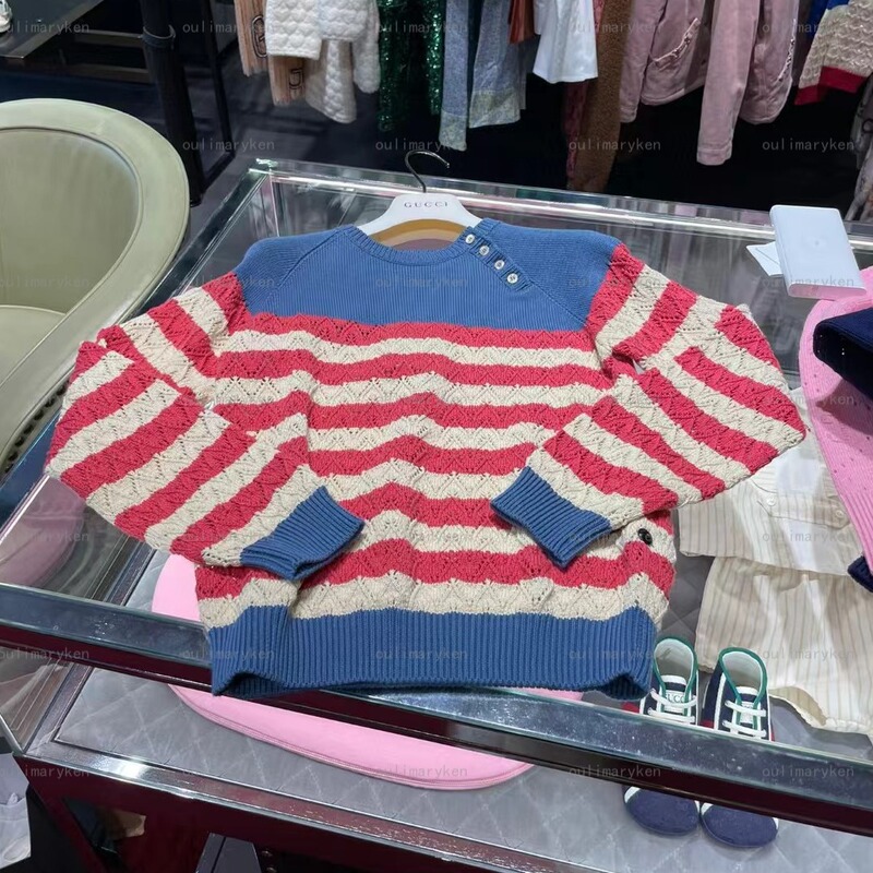 Italian Outlet Gucci Girls' Round Neck Sweater Knitwear Hollow Stripe Blue 6 8 10A Years Old