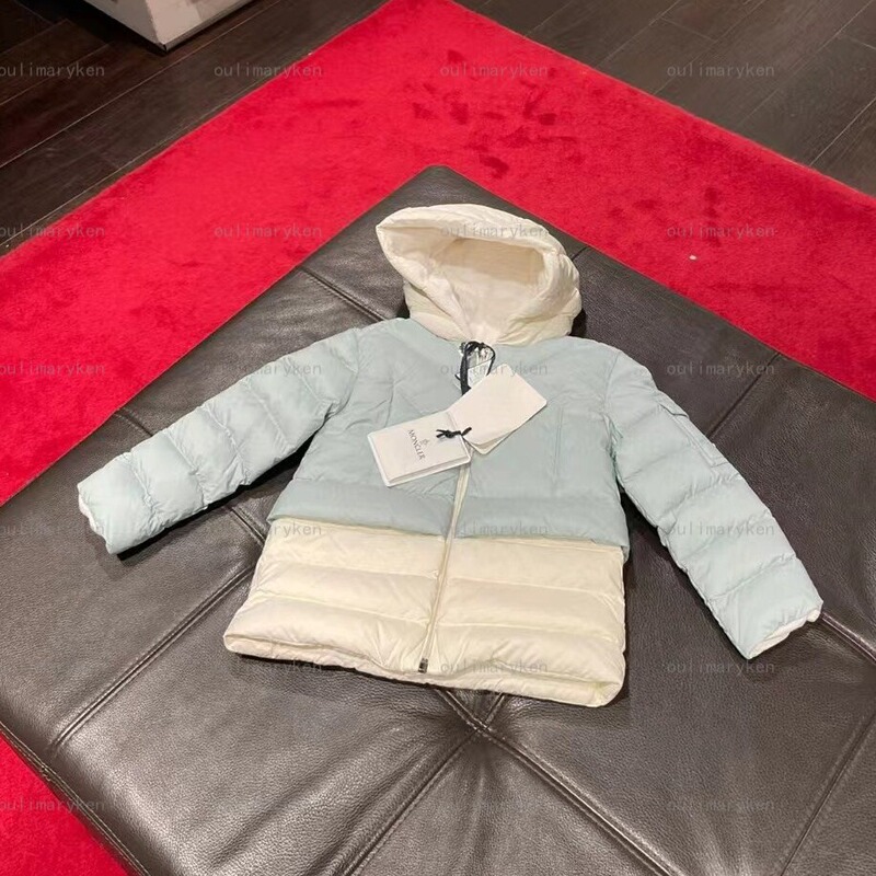 Italian Outlet Moncler Girls' Hooded down Jacket Liama Green and White Color Block 2A Years Old
