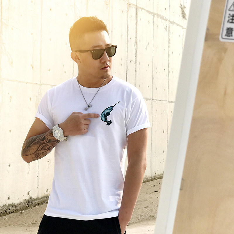 重新来货 2017春夏新款潮牌独角鲸鱼T恤高档印花男士短袖街头文化
