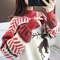 Eve Van (counter) Christmas deer jacquard pattern color pattern fashion foreign half turtleneck sweater Women wide