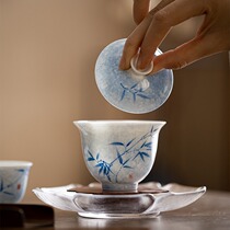 Xian Sheng blue and white hand-painted bamboo cover bowl tea cup Kung Fu tea set clear water blue ink dyed ceramic tea bowl for home use