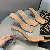 2020 summer new transparent high-heeled sandals womens thick-heeled wild sets of feet wear crystal heels with cool slippers