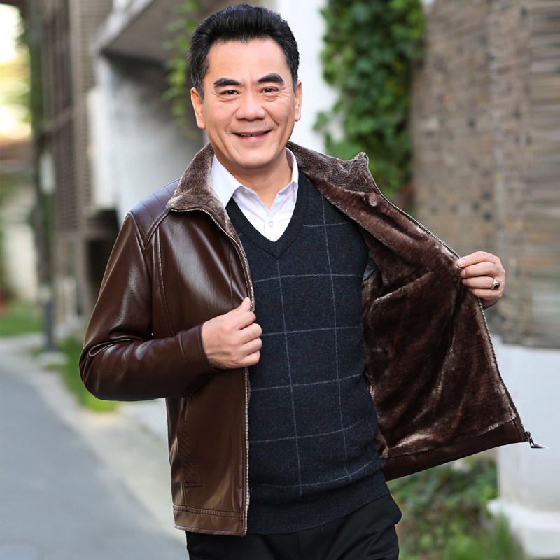 新款中年男士皮衣爸爸装秋冬皮夹克中老年男装外套加绒加厚冬季