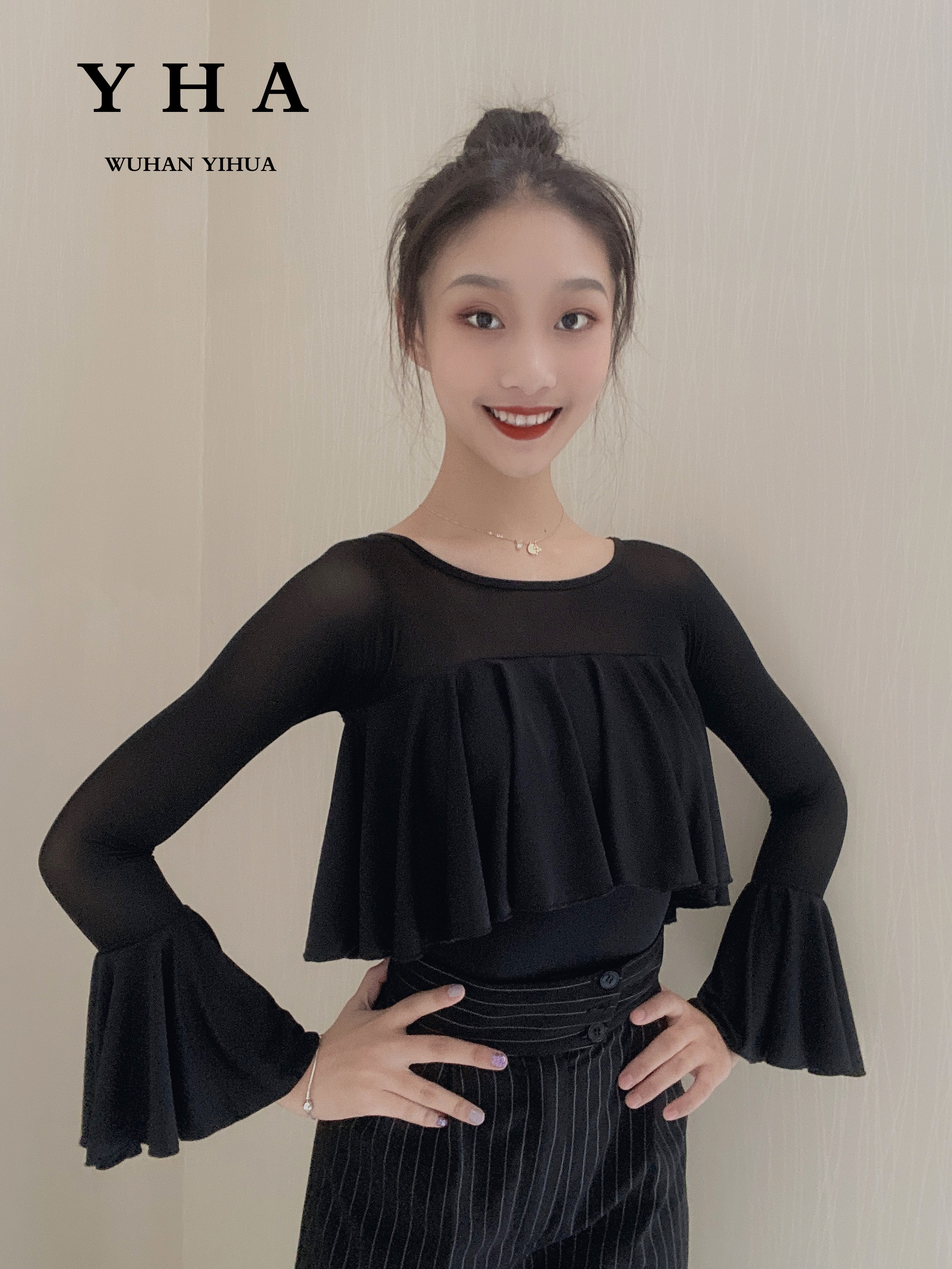 YHA Yihua Professional Morden Dance Dance Practice Suit Female Net Yarn Integrated Sleeve Dance Suit National Standard Dance Performance Costume-Taobao