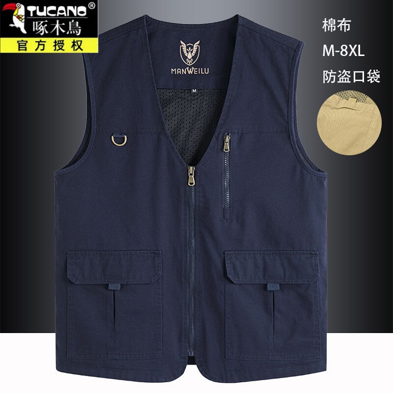 Woodpecker Pure Cotton Vest for Men 2026 New Spring and Summer Multi-Pocket Vest Casual Large Size Sleeveless Jacket