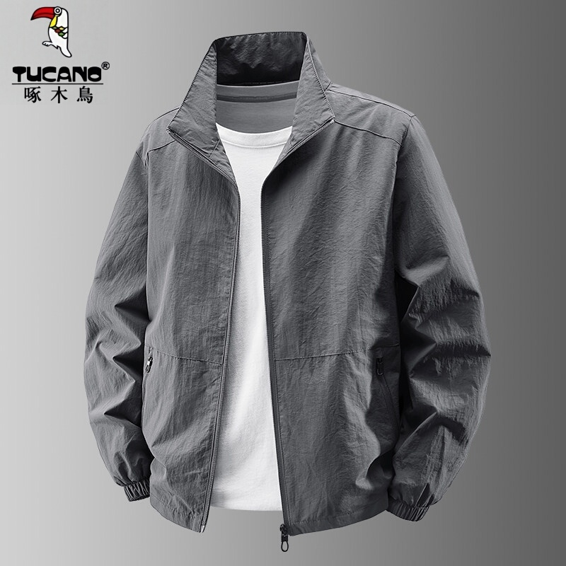 Woodpecker Solid Color Men's Jacket Spring and Autumn Casual Stand Collar Windproof Breathable Thin Sun Protection Jacket Coat