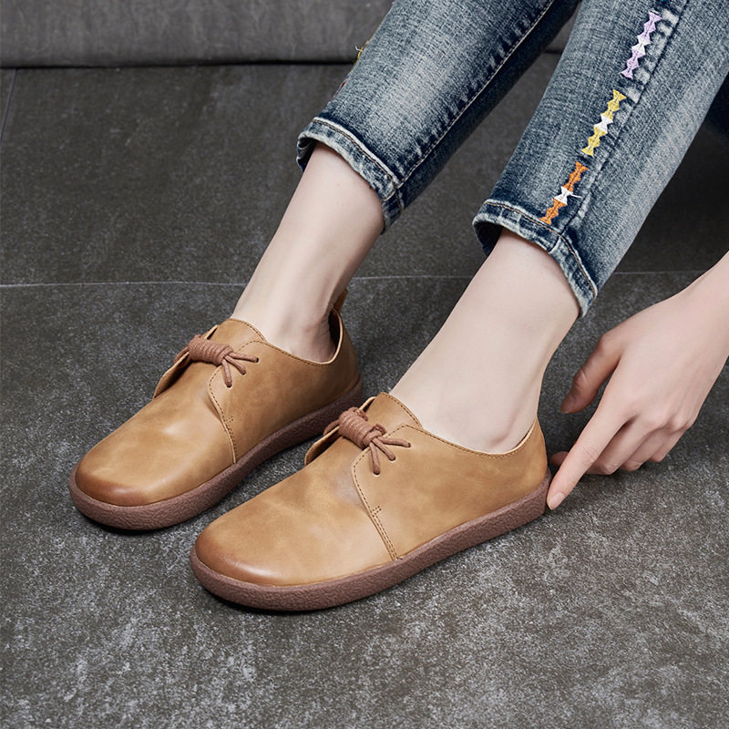 Retro Handmade Genuine Leather Soft Bottom Women's Shoes Senteal Art Fan Handmade Woman Single Shoes Casual Flat Bottom Grandma Shoes Bean Bean Shoes